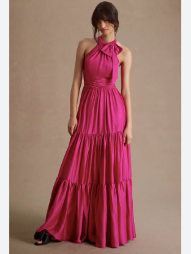 New Mac Duggal Fuchsia Tiered Ruffle Halter Gown Dress Size 18